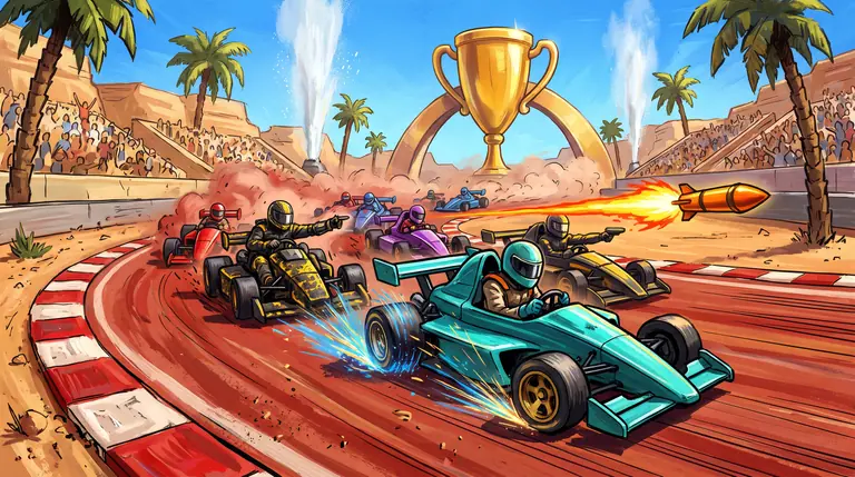 A pack of open-wheel go-karts drifting around a banked red-clay corner with blue drift sparks and an airborne orange rocket.