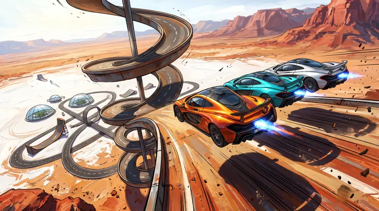 Three sleek supercars launching in formation off a giant corkscrew ramp above an open desert stunt map of loops and glass showroom domes.