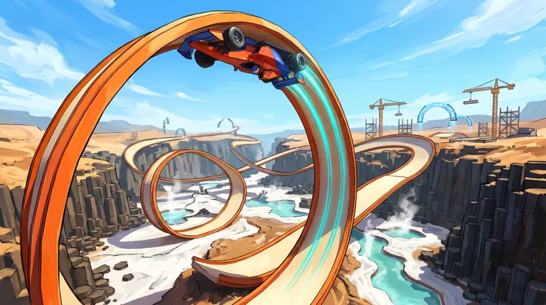 A faceted low-poly race car speeding upside-down through an elevated orange ribbon loop above sunlit salt flats and volcanic basalt cliffs.