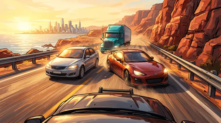 A red sports coupe overtaking between a saloon car and an oncoming turquoise lorry on a sunlit four-lane highway.