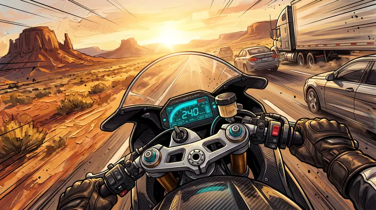 First-person view from behind the handlebars of a superbike overtaking highway traffic on a straight desert motorway in bright afternoon sunlight.