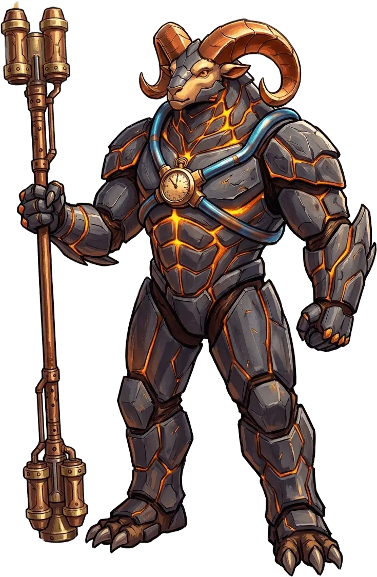 Valkor, the basalt-armoured pangolin-ram course marshal with a brass chest chronometer and copper flare staff.