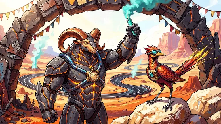 Valkor the basalt-armoured pangolin-ram marshal raising a turquoise signal flare beside Rallia the roadrunner-griffin navigator at the sunlit volcanic starting arch of the Caldera Circuit.